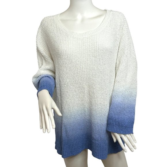 Adyson Parker Sweater Tunic Top 2X White Blue Ombré Ribbed Knit Round Neck - Picture 1 of 11